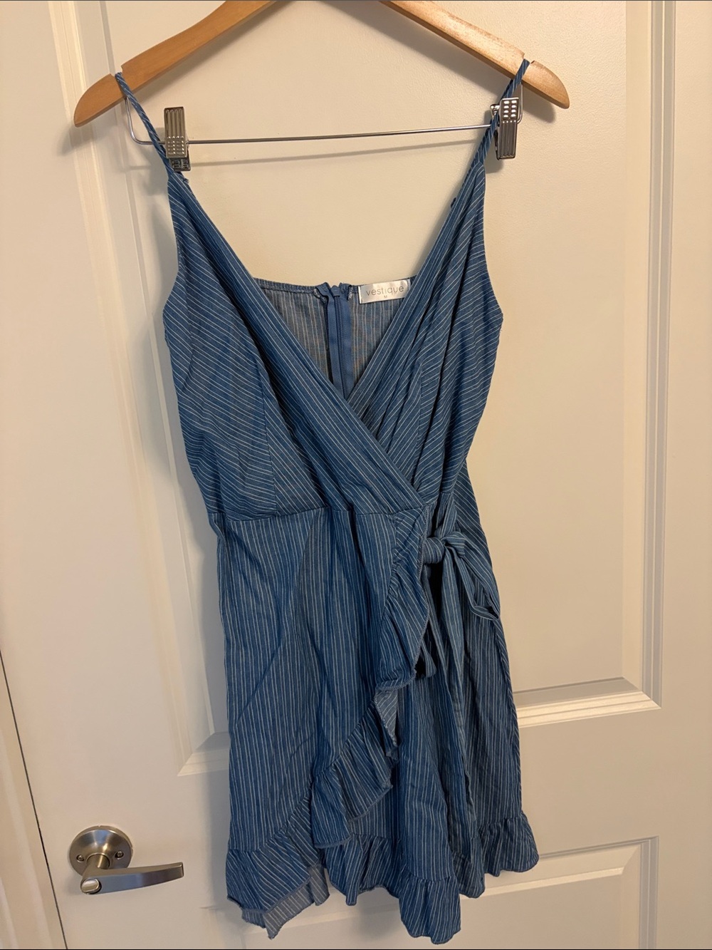 vestique Blue Pinstripe Wrap Mini Dress